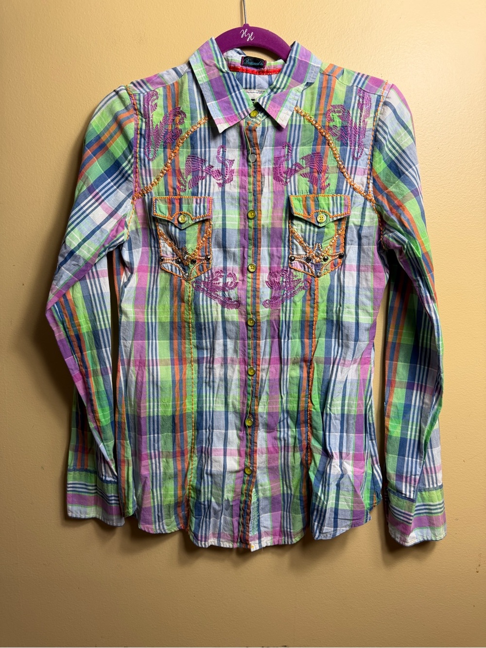 Roar Flighten Plaid Western Button Up Shirt Embellished Back Zipper small